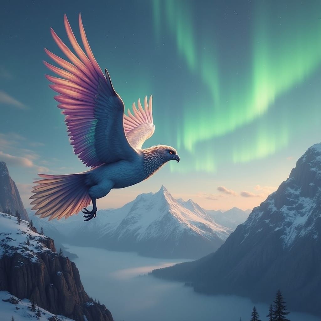 Majestic Griffin in Vibrant Aurora Sky with Snow-Capped Moun...