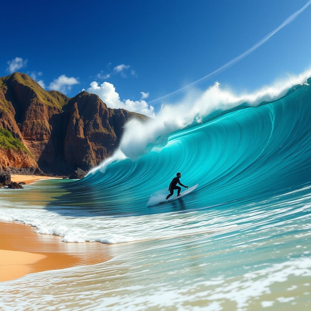 Sleek Surfer Carves Through Turquoise Pipeline Wave