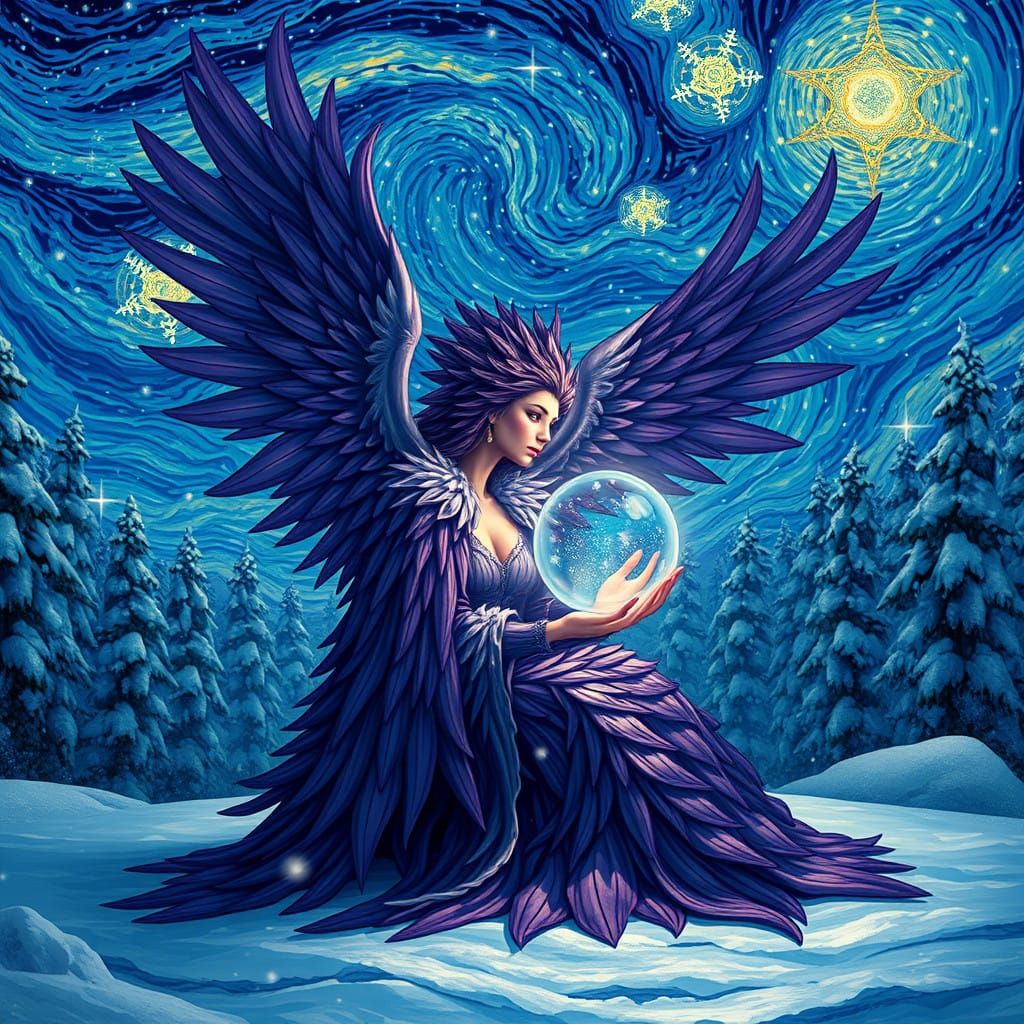 Majestic Phoenix in Iridescent Cloak, Snowy Forest at Twilig...