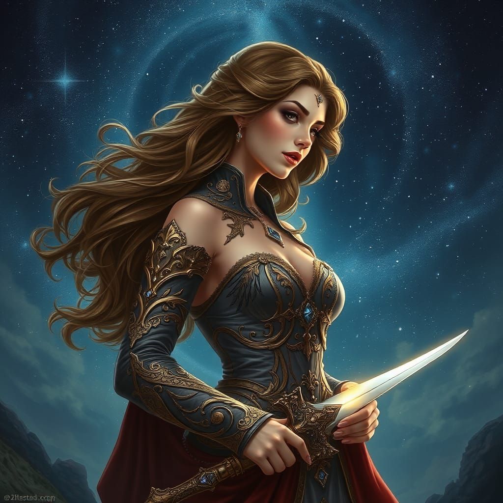 Regal Woman with Sword Under Starry Night Sky