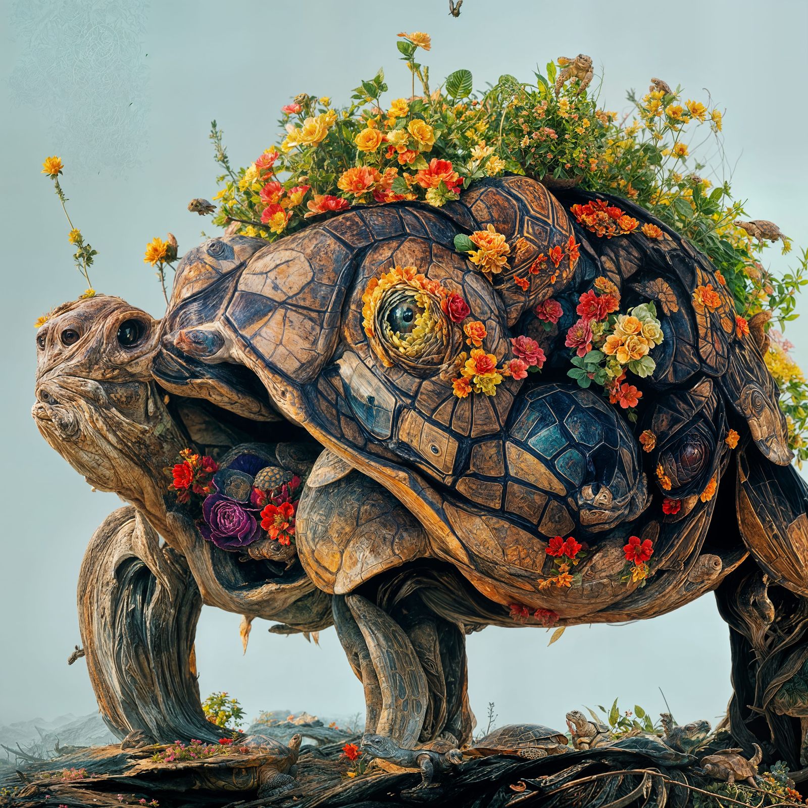 Floral Tortoise: Hyperrealistic Watercolor Illustration