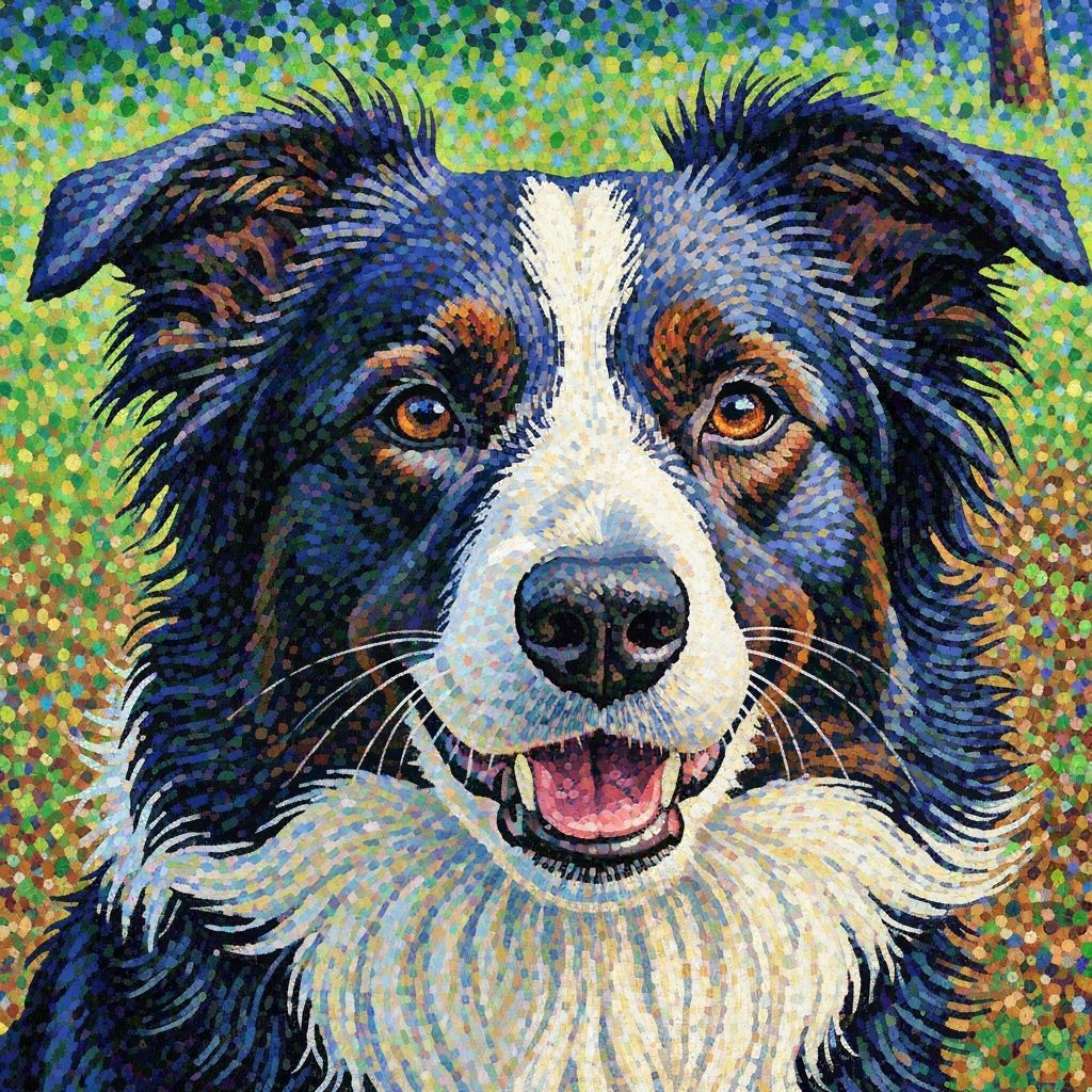 Pointillist Portrait of a Border Collie in Seurat Style