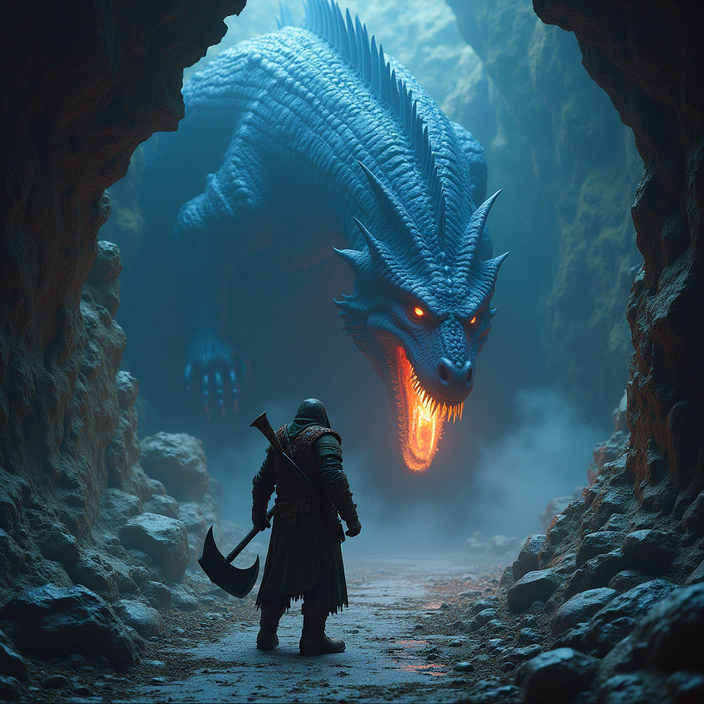 Warrior Confronts Dragon in Stony Mine: Fantasy Art