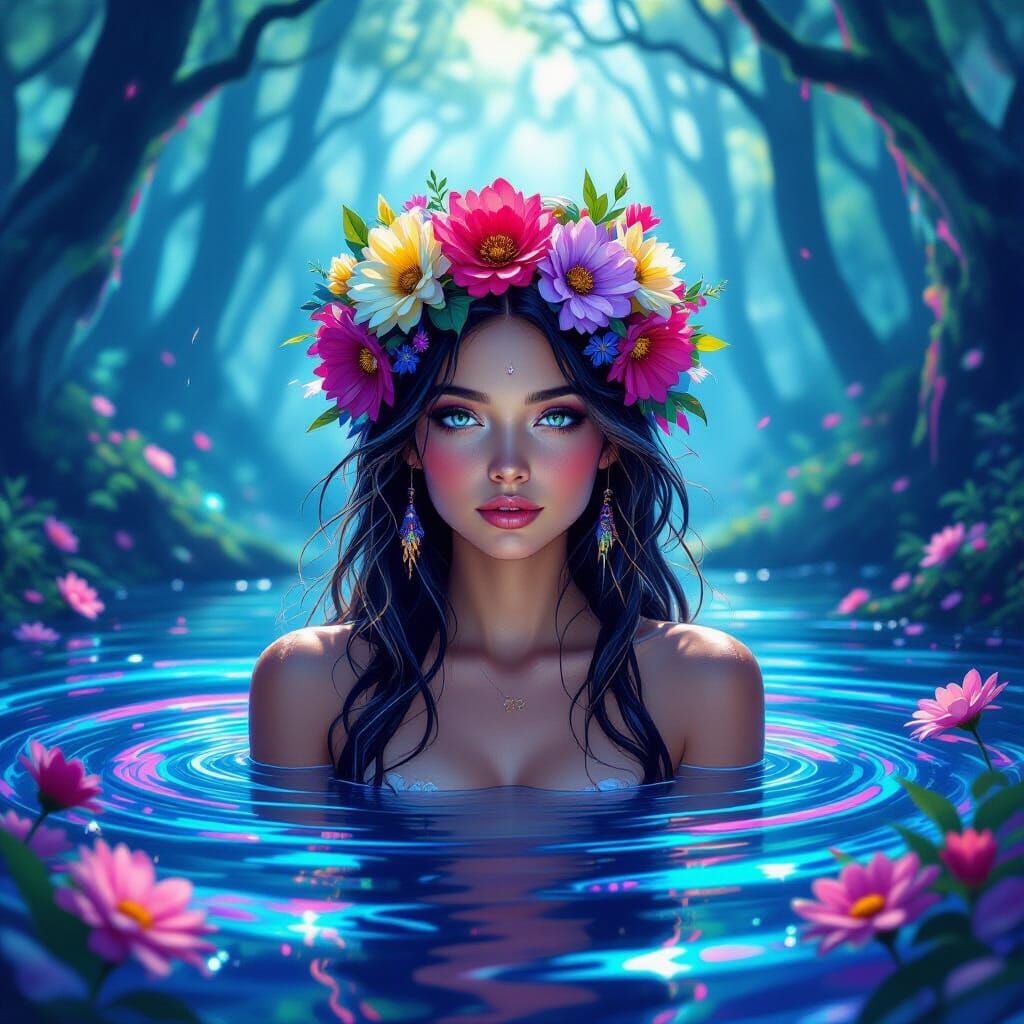 Iridescent Nymph in Dreamlike Psychedelic Forest