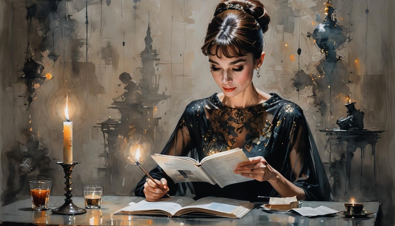 Audrey Hepburn Reading: Surreal Alcohol Ink Art
