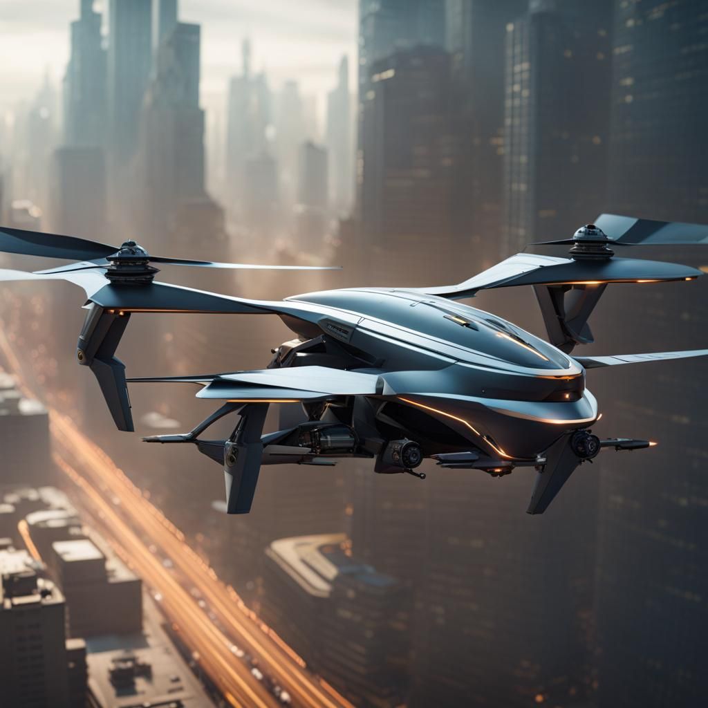 Cyberpunk Attack Drone Soaring Above the City