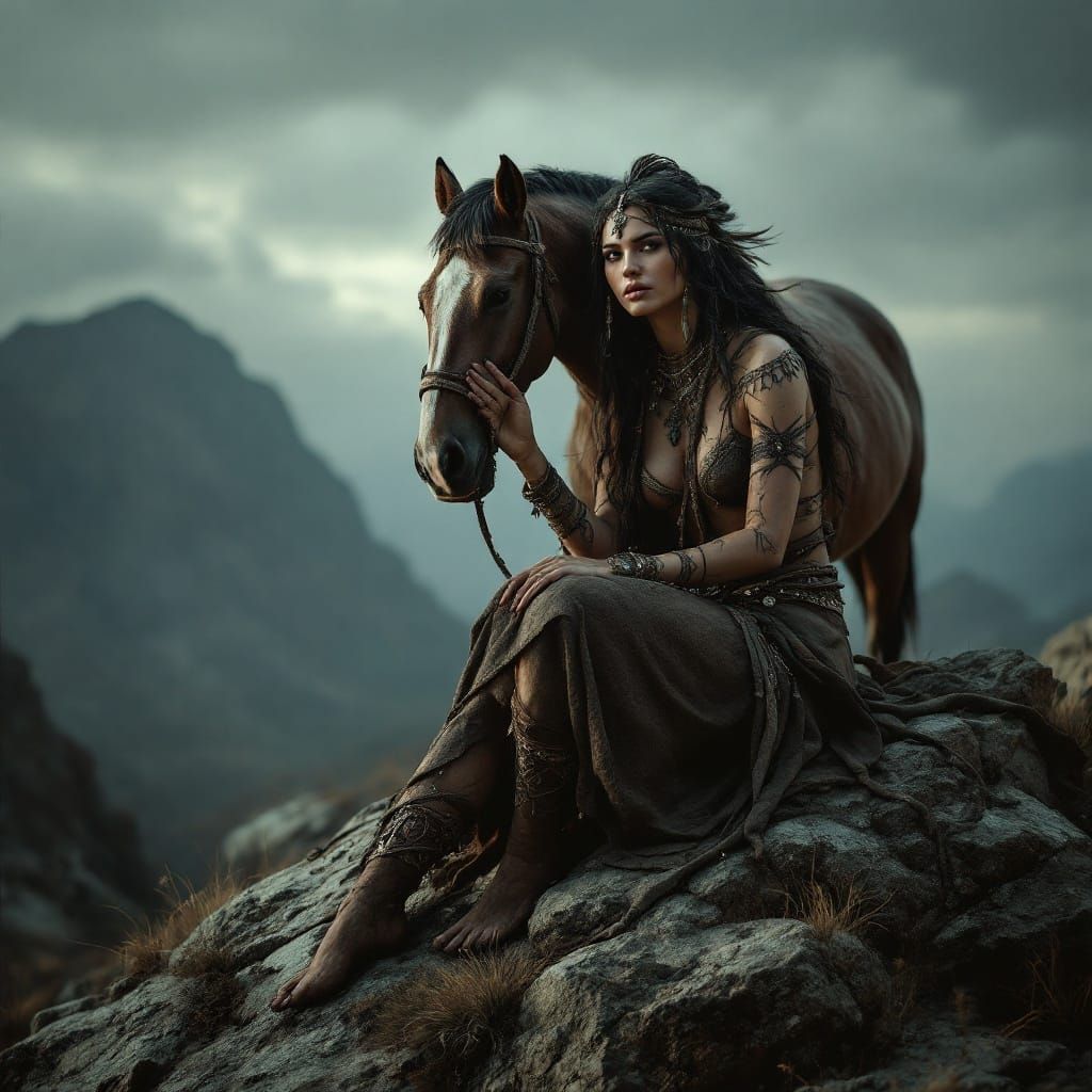 Shaman Woman and Horse: Hyperrealistic Digital Art