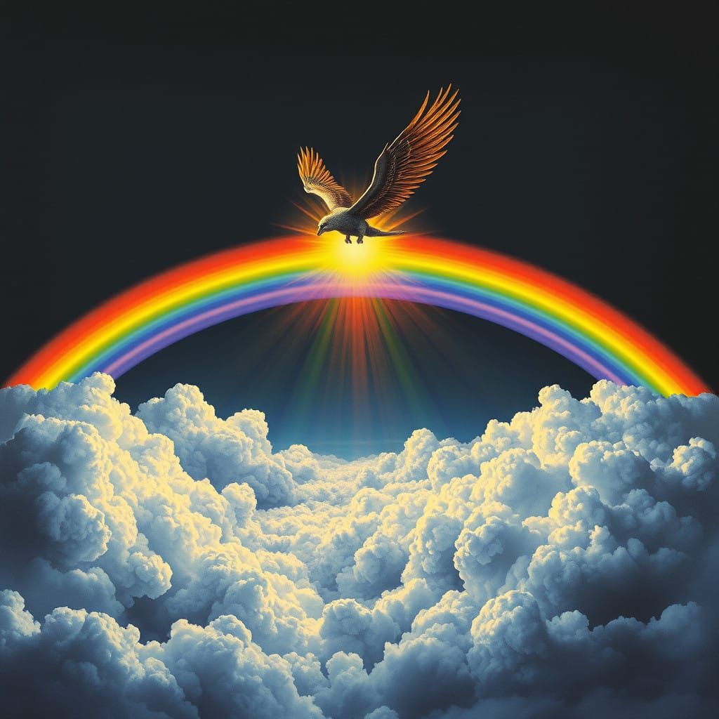 Winged Divine Creature Soars Above a Vibrant Rainbow