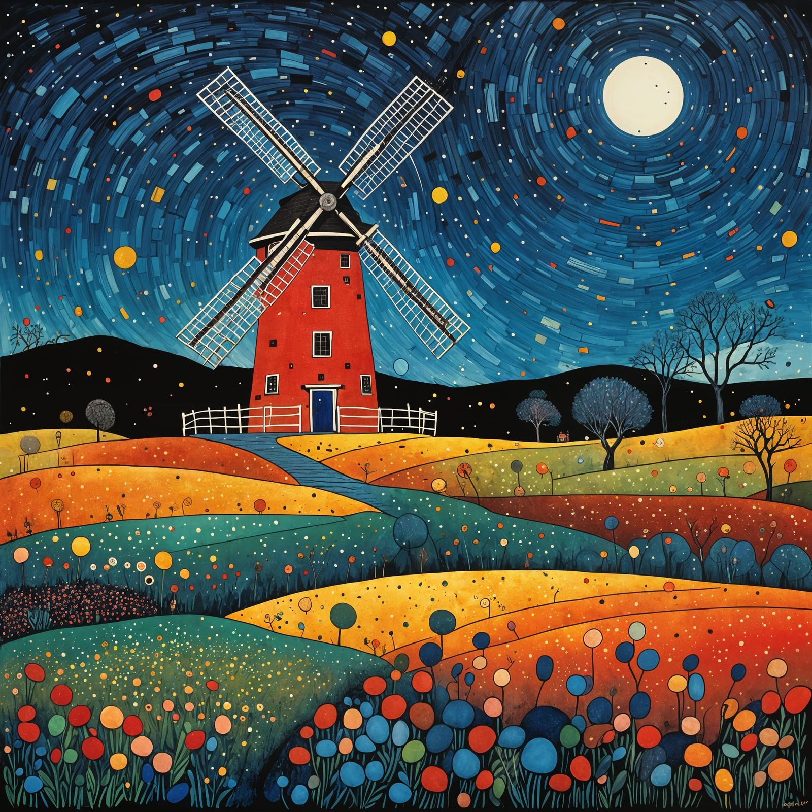 Surreal Windmill Scene Inspired by Modern Masters
