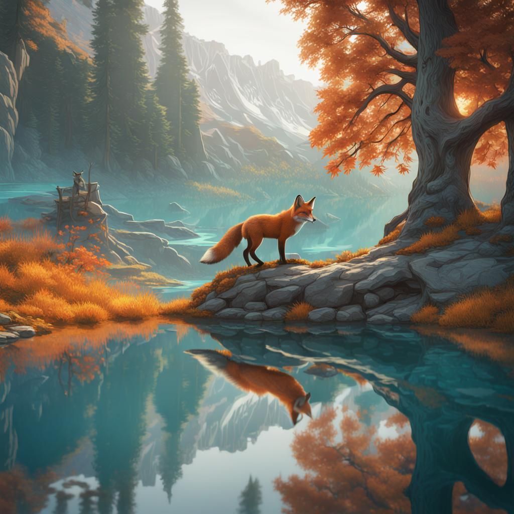 Fox Gazing at Reflection: Hyperdetailed Concept Art