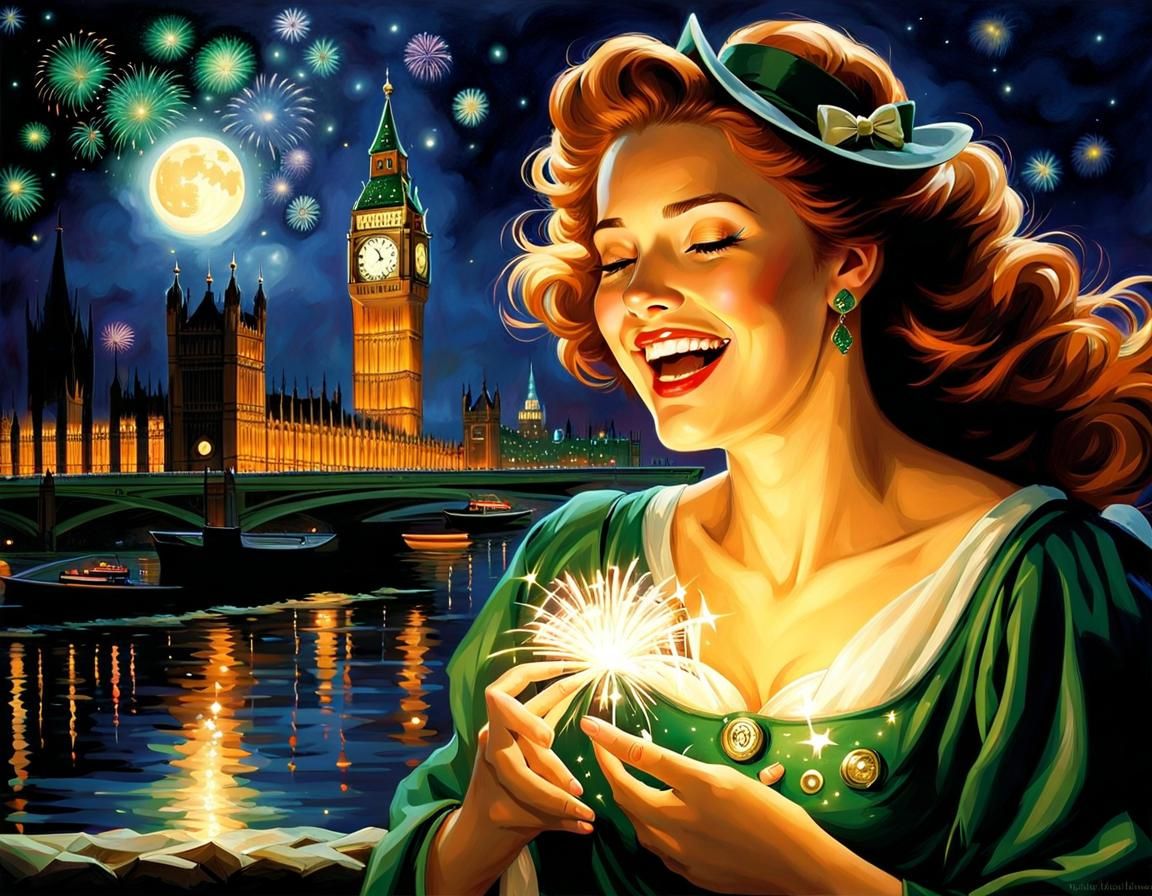 Dreamy Irish Girl with Magical Fireworks