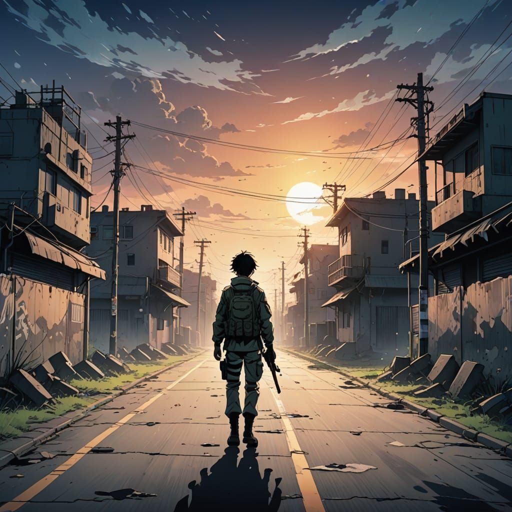 Ethereal Soldier's Desolate Journey in Cinematic Anime Style