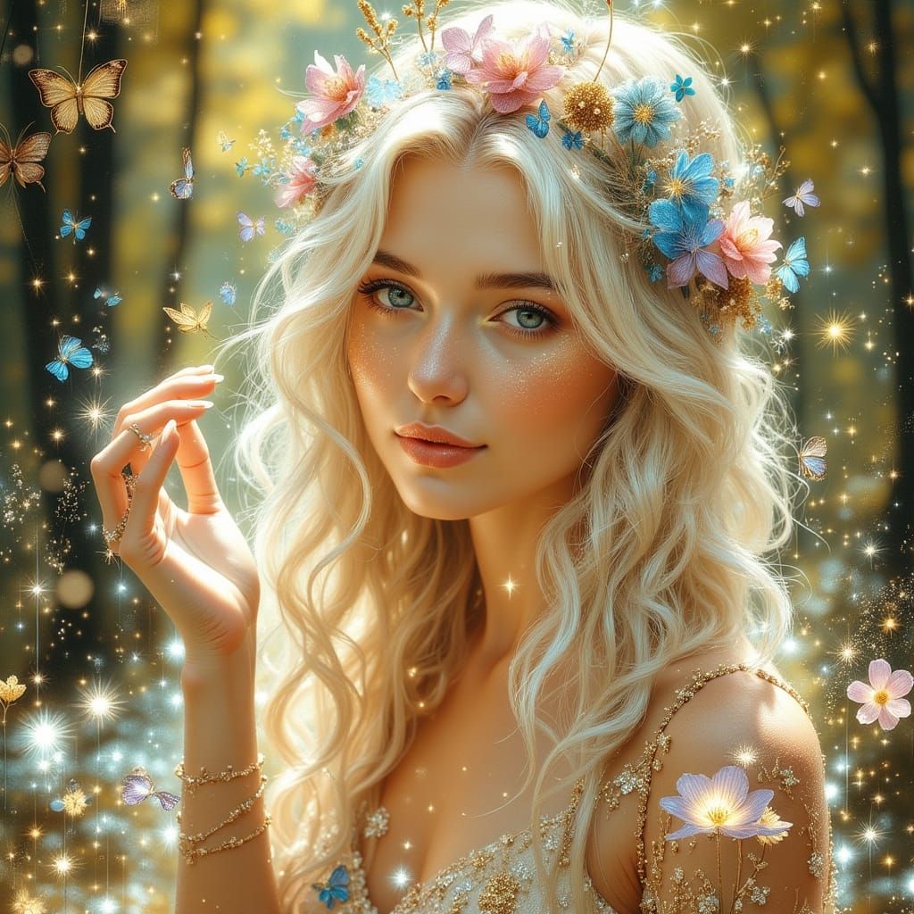 Woman with Flowing Hair in Serene Forest