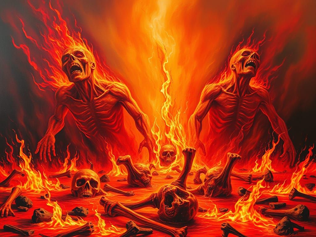 Flaming Lake of Fire: A Surreal Oil Painting