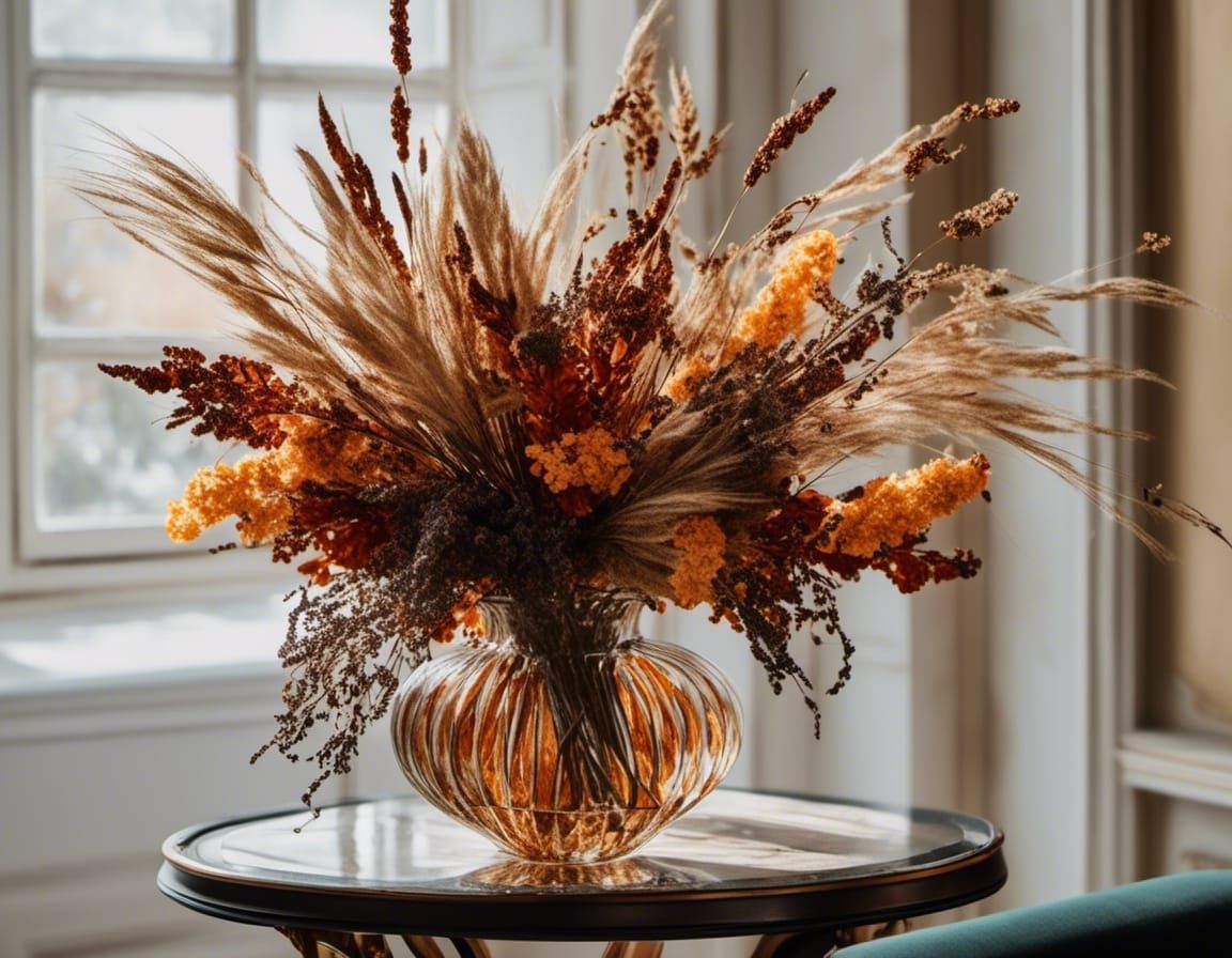 <lora:Flowers by Znarf:1.0> Macro photo. A bouquet of dried flowers and ears of rye in a large Murano glass vase. intric...