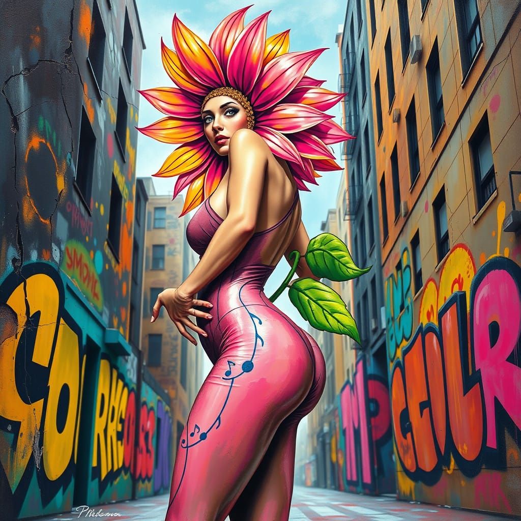 Urban Sunflower Goddess in Vibrant Motion