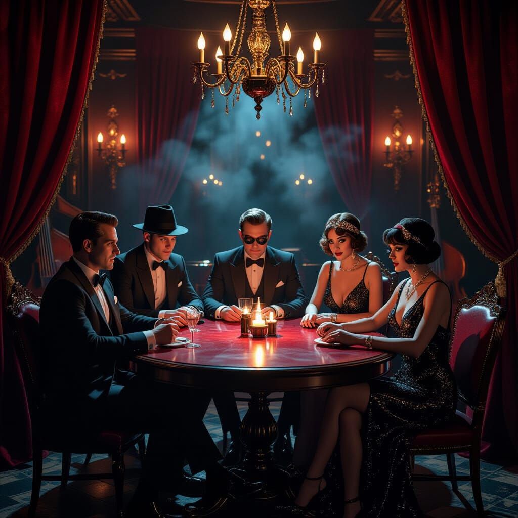 Horror Icons in a Smoky 1920s Speakeasy