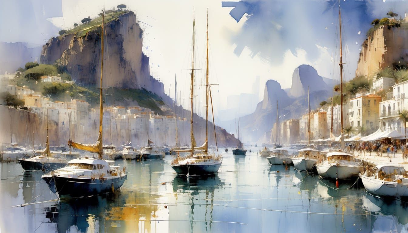 Old Sailing Yachts in Rio Harbor - Watercolor Painting