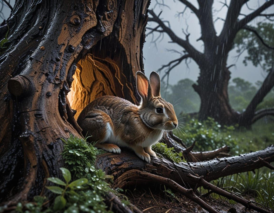 Rabbit Sheltering in Tree Hollow During Storm
