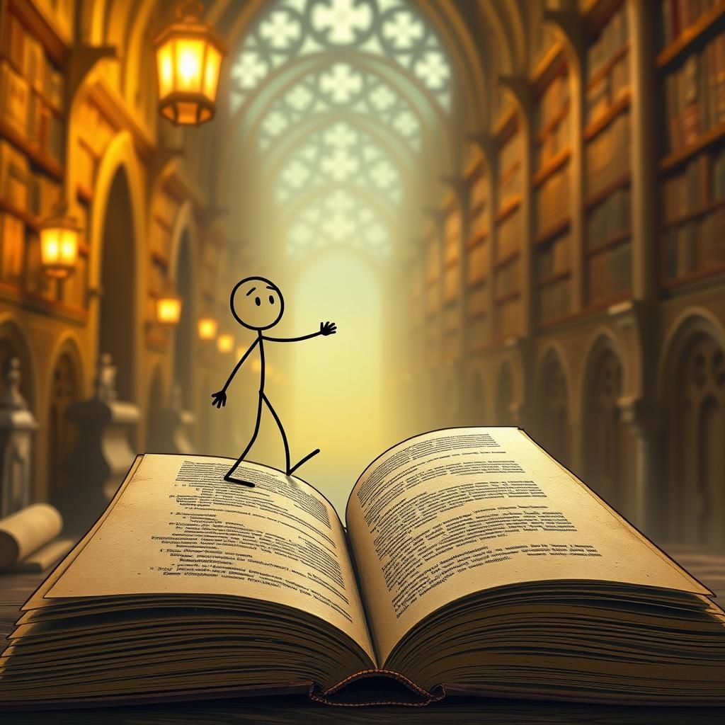 Stick Figure Emerges from Ancient Book in Library