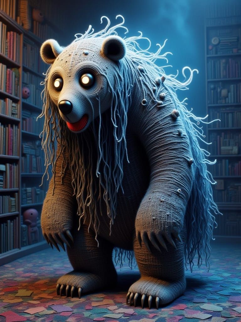 Colossal Fabric Bear Among Bookshelves