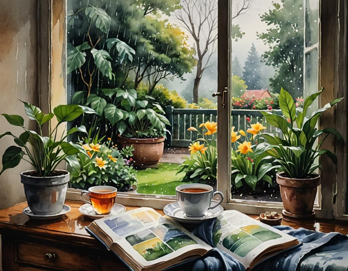 The sound of rain gently hits the windowpane, playing a soothing rhythm, which is unexpectedly suitable for reading.