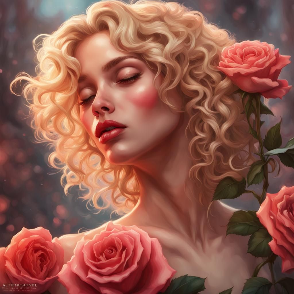 Woman Kissing Rose: Hyperdetailed Art Nouveau Portrait