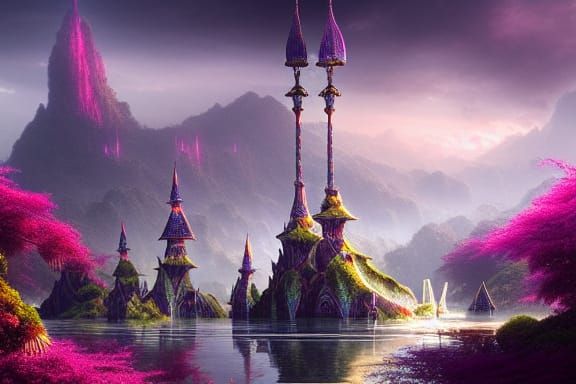 Radiant Serene Oasis: Digital Matte Painting