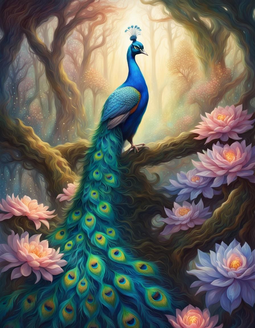 Fantasy Peacock Elf Portrait in Glowing Forest