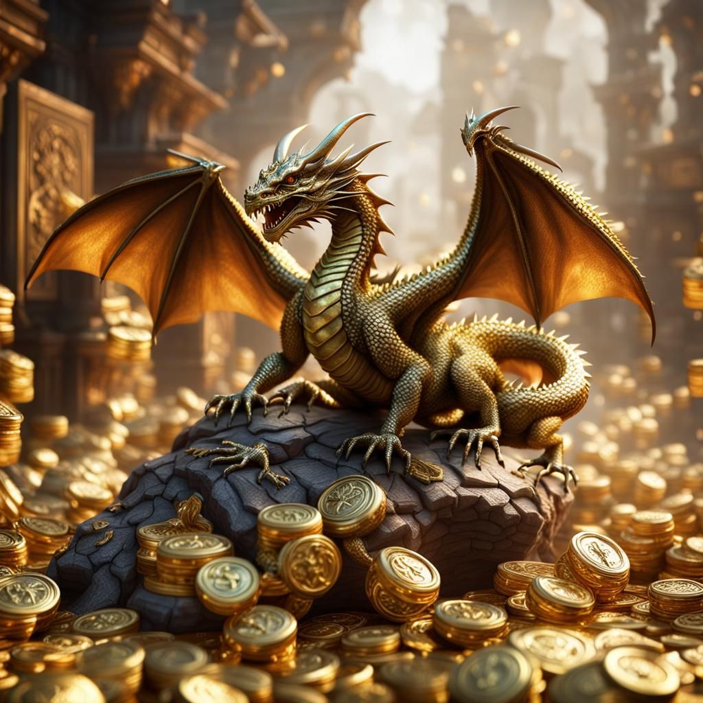 Hyperrealistic Dragon and Gold Cinematic Scene