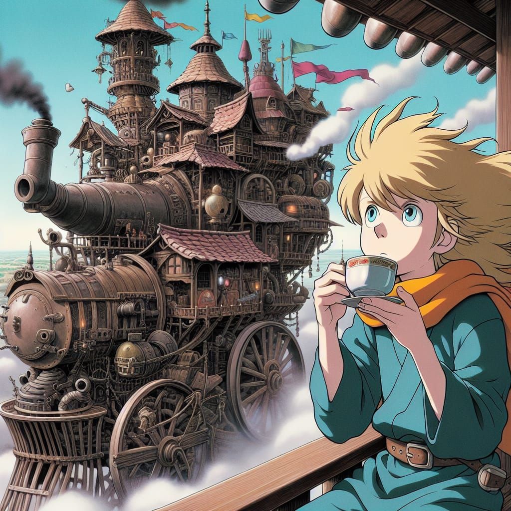 Young Wizard Sips Tea on Moving Castle Balcony