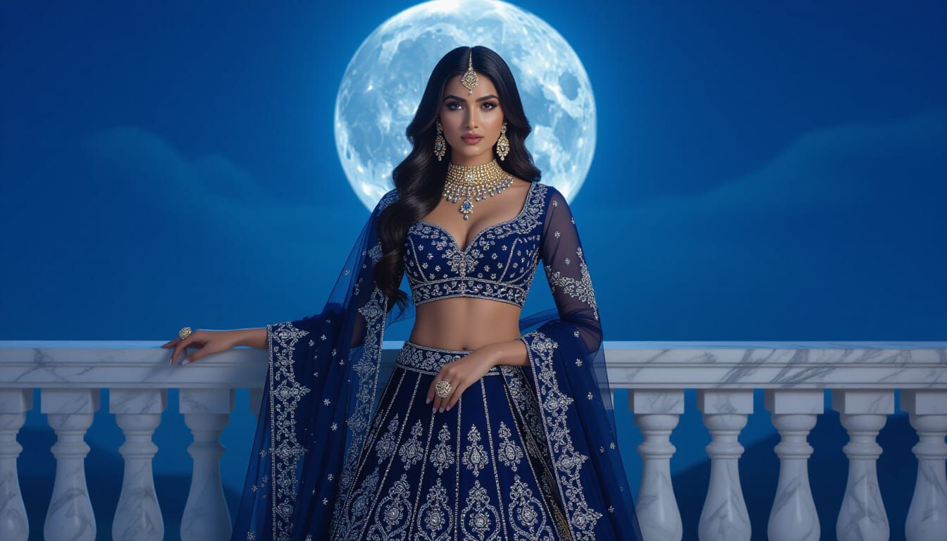 Regal Woman in Sapphire Lehenga Under Moonlight