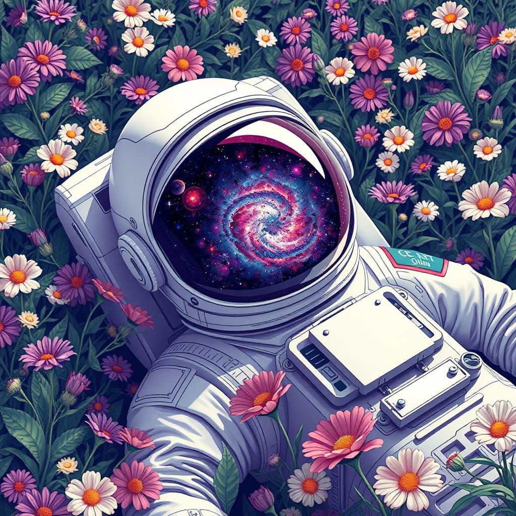 Astronaut in Flower Garden Reflecting the Universe