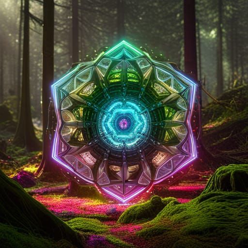 Futuristic Rainbow Mandala on Forest Floor