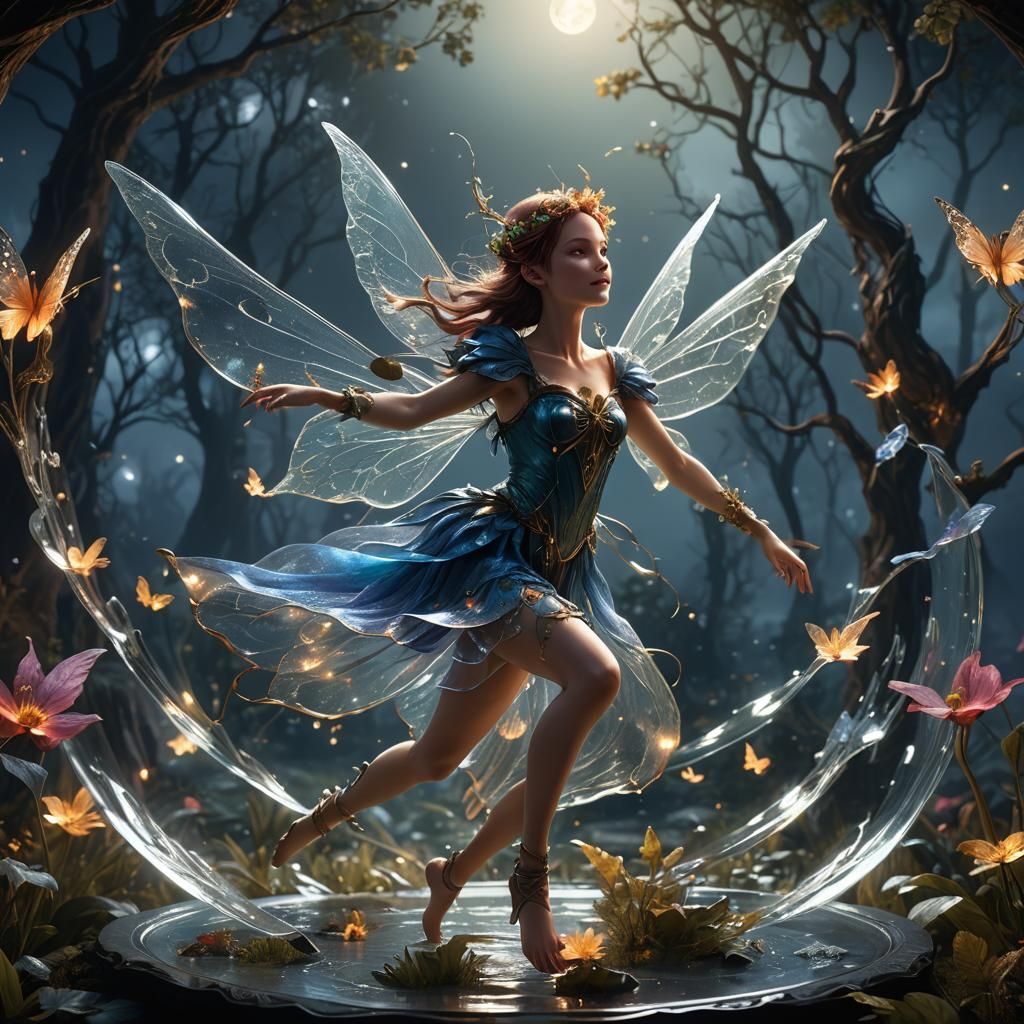 Fairy Dancing in Moonlight in Glass Plate