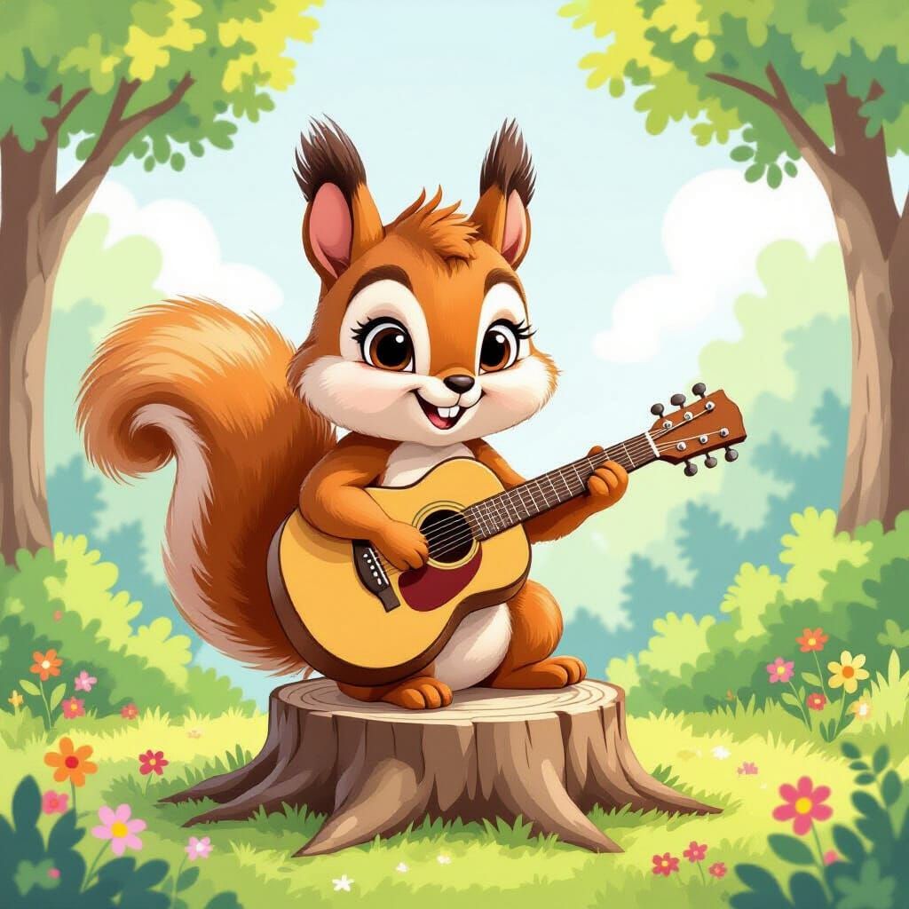 Cartoon Squirrel Plays Guitar in Watercolor Landscape