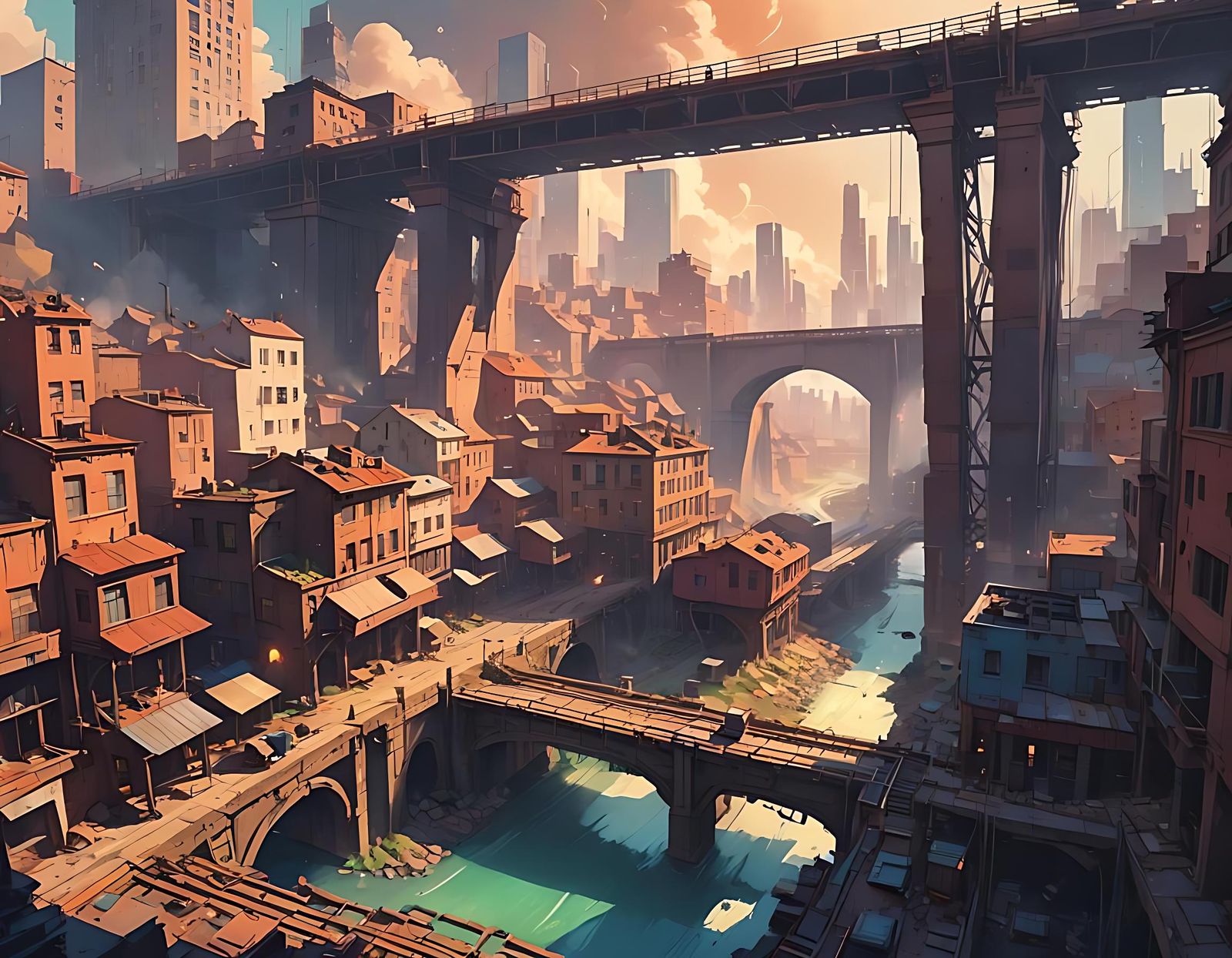 City Under Bridge in Digital Painting Style