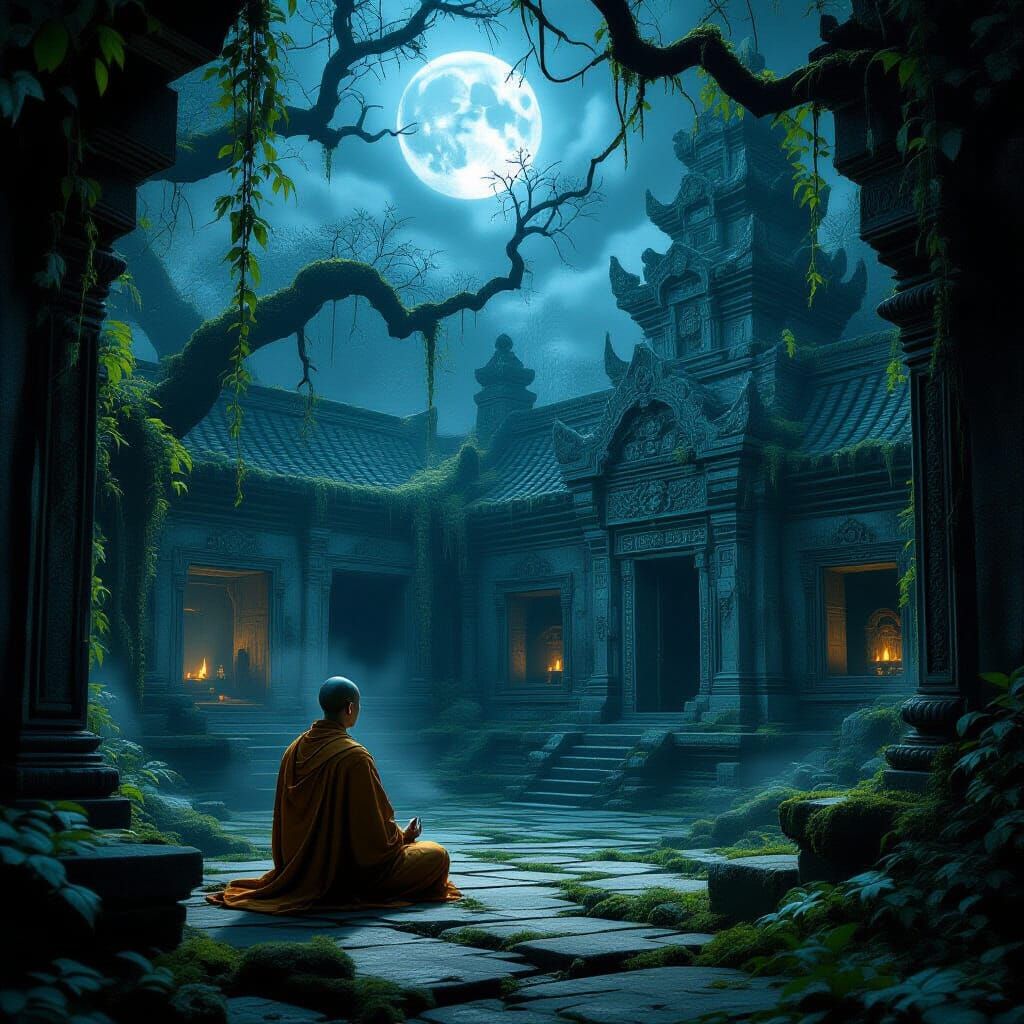 Monk Meditating in Overgrown Gothic Temple Courtyard