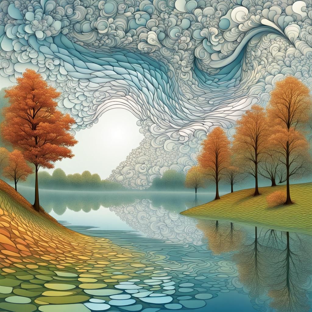 Calming Lakeside Scene in Abstract Vector Art