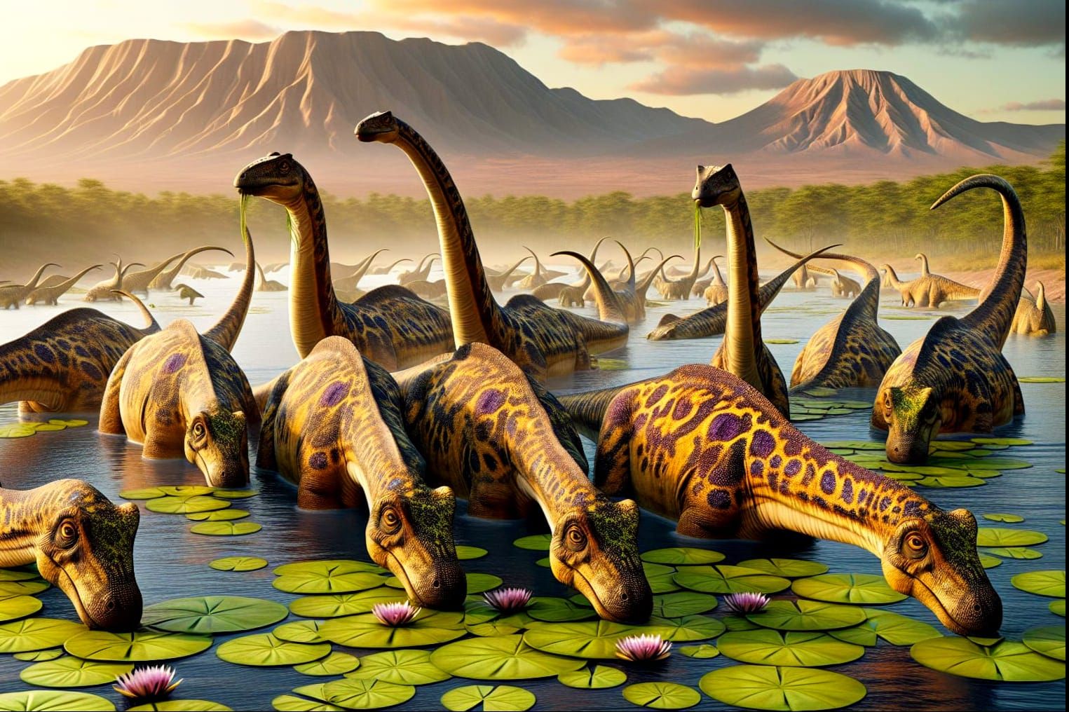 Prehistoric Sauropods Bask in Serene Swamp Scene