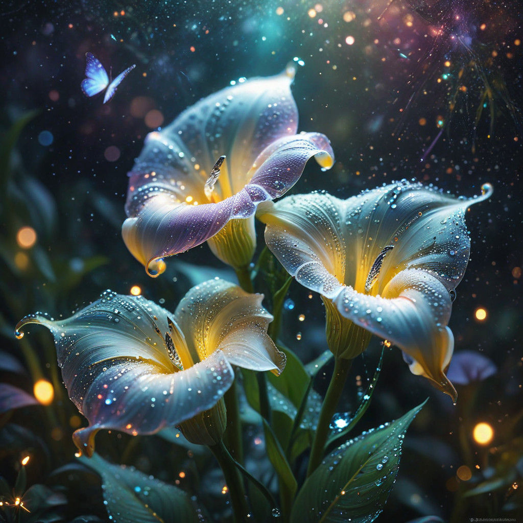 two Calla lilies, made of multiple intertwined shimmering ir...