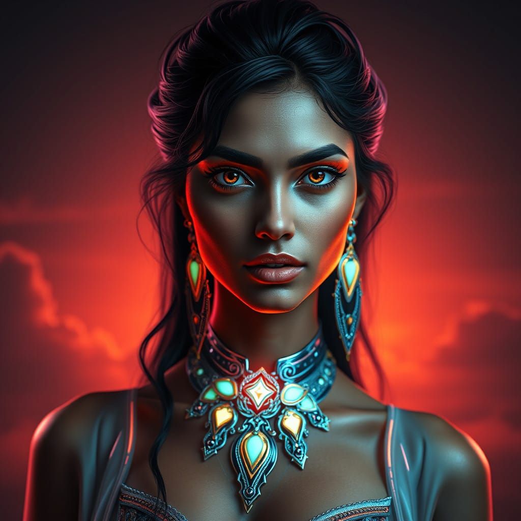 Ethereal Indian Goddess in Futuristic, Neon-Lit Attire