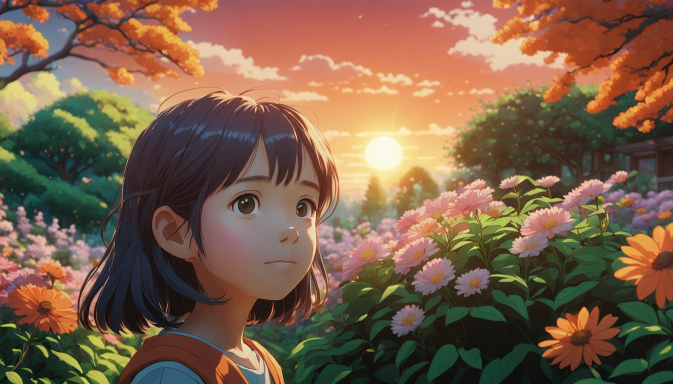 Young Girl in Garden, Studio Ghibli Style