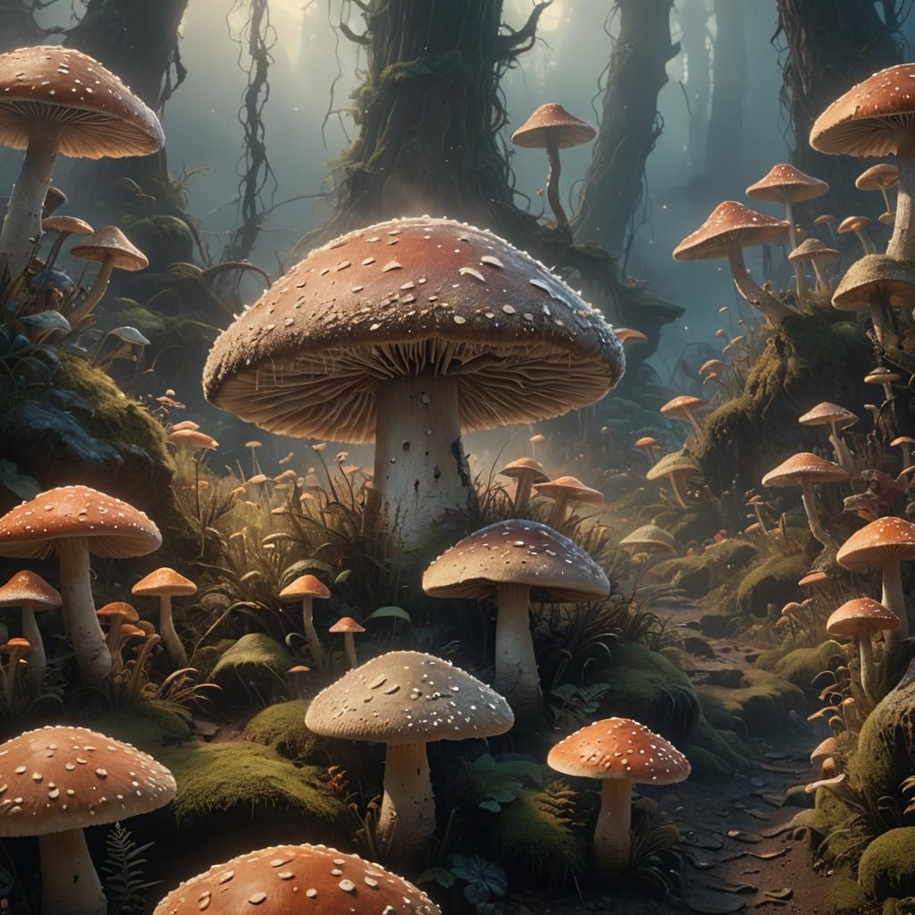 Giant Hallucinogenic Mushroom in Volcanic Landscape