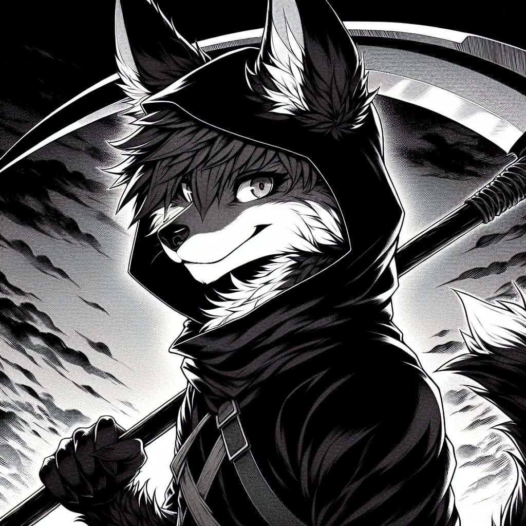 Black Fox Anthro Character with Scythe as Woodblock Print