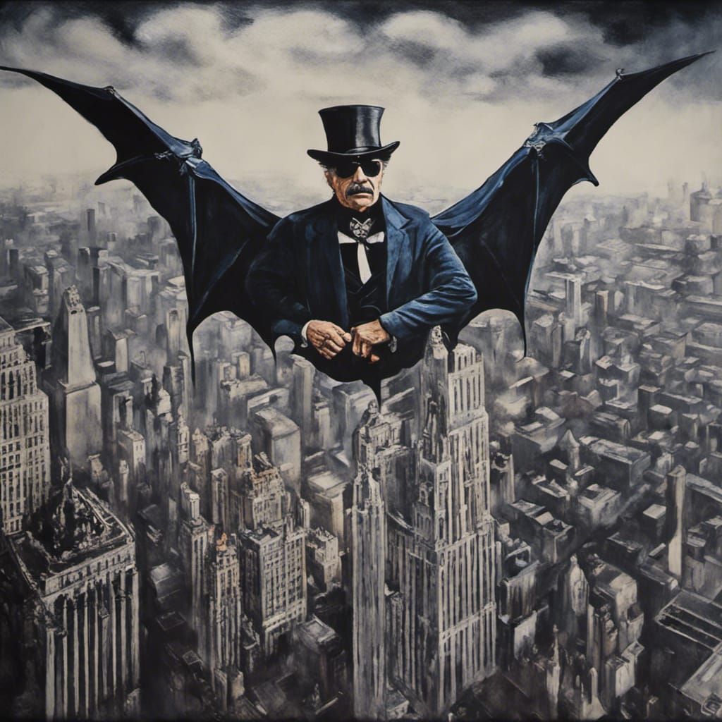 Charles Bronson as gothic vampire Canaletto Tim Burton
brüt renaissance creepy flying male vampire over NYC brutalism p...