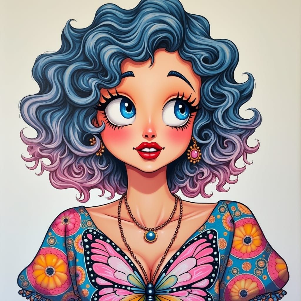 Stylized Chola Portrait of a Curly-Haired Woman in Pink and ...