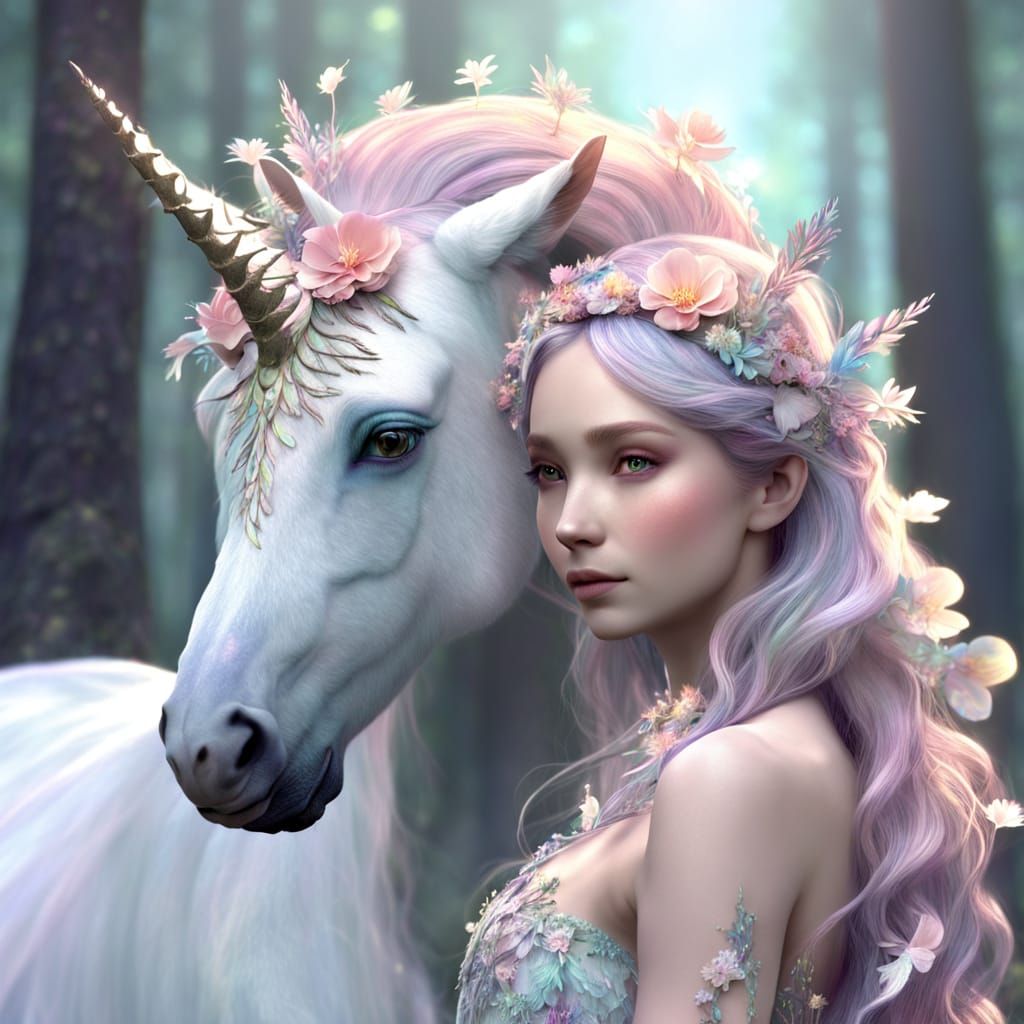 Whimsical Fairy and Unicorn in Woodland Fantasy Art