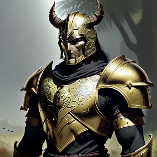 Imposing Dark Red and Gold SCARAB Armor in a Lush Forest