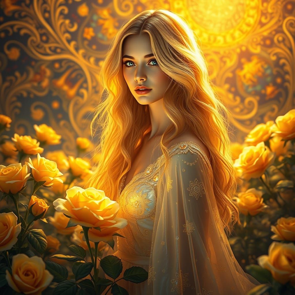 Ethereal Goddess Amongst Golden Roses in Vibrant Surreal Lan...